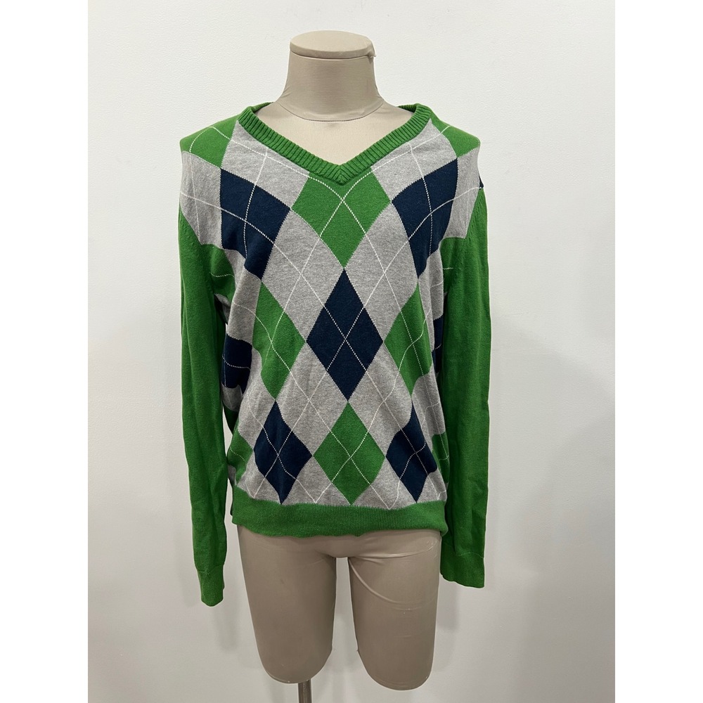 Express Design Studio Sweater Mens Large Green Argyle V-Neck Wool Blend 2009